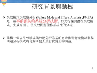 研究背景與動機 失效模式與效應分析 (Failure Mode and Effects Analysis ,FMEA) 是一種 事前預防的系統分析技術 。即先行探討潛在失效模式、失效原因   ，使失效問題能作系統性的分析。 建構一個以失效模式與效應分析為基的奈米碳管背光模組製程問題分析模式將可對研發人員有實質上的助益。 