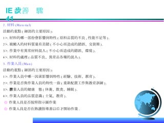 2. 材料 (Material)   活動的重點 ( 細部的主要原因 ):  1>. 材料的哪一部份會影響到特性 ( 原料品質的不良 , 性能不足等 ). 2>. 被搬入的材料質量有差錯 ( 不小心而造成的錯誤、交貨期 ). 3>. 作業中有異常材料混入 ( 不小心而造成的錯誤、環境 ). 4>. 材料的處理 ( 品質不良、異常品各種的混入 ). 3. 作業人員 (Man) 活動的重點 ( 細部的主要原因 ):  1>. 作業人員中哪一因素影響到特性 ( 經驗、技術、教育 ). 2>. 作業是否與作業人員的特性一致 ( 重新配置工作與教育訓練 ). 3>. 作業人員的健康狀態 ( 休養、飲食、睡眠 ). 4>. 作業人員的品質意識 ( 士氣、教育 ). ◎   作業人員是否按照指示圖作業  ◎   作業人員是否在熟讀指導書以后才開始作業 .  IE 改善步驟  41 