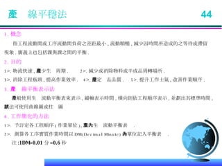 生產線平穩法  44 1. 概念 指工程流動間或工序流動間負荷之差距最小 , 流動順暢 , 減少因時間所造成的之等待或滯留 現象 . 廣義上也包括課與課之間的平衡 . 2. 目的 1>. 物流快速 , 減少生產周期 .  2>. 減少或消除物料或半成品周轉場所 . 3>. 消除工程瓶頸 , 提高作業效率 .  4>. 穩定產品品質 .  5>. 提升工作士氣 , 改善作業順序 . 3. 生產線平衡表示法 一般使用生產流動平衡表來表示 , 縱軸表示時間 , 橫向則依工程順序表示 , 並劃出其標準時間 , 劃法可使用曲線圖或柱狀圖 4. 工作簡化的方法 1>.  予訂定各工程順序 ( 作業單位 ), 填入生產流動平衡表內 . 2>.  測算各工序實質作業時間以 DM(Decimal Minute) 為單位記入平衡表內 . 注 :1DM=0.01 分 =0.6 秒 