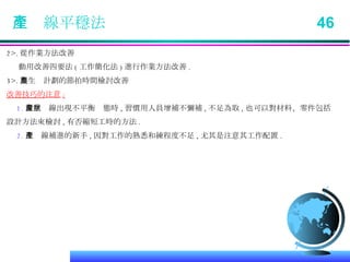 生產線平穩法  46 2>. 從作業方法改善 動用改善四要法 ( 工作簡化法 ) 進行作業方法改善 .  3>. 與生產計劃的節拍時間檢討改善 改善技巧的 注意 : 1. 當生產線出現不平衡狀態時 , 習慣用人員增補不彌補 , 不足為取 , 也可以對材料、零件包括 設計方法來檢討 , 有否縮短工時的方法 . 2. 生產線補進的新手 , 因對工作的熟悉和練程度不足 , 尤其是注意其工作配置 . 