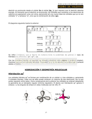 electrón es promovido desde el orbital 2s al orbital 2pz, lo que requiere que el electrón absorba
energía. Al momento que el electrón es promovido, los orbitales que contienen a los electrones de
valencia se superponen unos con otros, generando así una nueva clase de orbitales que ya no son
orbitales “s” y tampoco “p”, sino que la combinación de ellos (sp).

El diagrama siguiente ilustra lo anterior:

Se infiere entonces, que el átomo de Carbono tiene la posibilidad de generar 3 tipos de
hibridaciones diferentes: sp3, sp2 y sp.
Con los orbitales híbridos se generan los enlaces conocidos como sigma
(enlaces simples),
mientras que con los orbitales atómicos “normales” (p y d) se generan los enlaces pi (enlaces
dobles o triples).

HIBRIDACIÓN Y GEOMETRÍA MOLECULAR
Hibridación sp3
Los orbitales híbridos sp3 se forman por combinación de un orbital s y tres orbitales p, generando
4 orbitales híbridos. Cada uno de ellos puede contener un máximo de dos electrones, por lo que
existe repulsión entre estos. Como consecuencia de lo anterior los orbitales se ordenan adoptando
la geometría de un tetraedro regular (mínima repulsión). El átomo con hibridación sp 3 genera 4
enlaces y los ángulos de enlace en estas moléculas son de 109, 5º.

17

 
