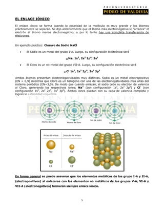 EL ENLACE IÓNICO
El enlace iónico se forma cuando la polaridad de la molécula es muy grande y los átomos
prácticamente se separan. Se dijo anteriormente que el átomo más electronegativo le “arranca” el
electrón al átomo menos electronegativo, y por lo tanto hay una completa transferencia de
electrones.
Un ejemplo práctico: Cloruro de Sodio NaCl
El Sodio es un metal del grupo I-A. Luego, su configuración electrónica será
11Na:

1s2, 2s2 2p6, 3s1

El Cloro es un no-metal del grupo VII-A. Luego, su configuración electrónica será
17Cl

1s2, 2s2 2p6, 3s2 3p5

Ambos átomos presentan electronegatividades muy distintas. Sodio es un metal electropositivo
(EN = 0,9) mientras que Cloro es un halógeno con una de las electronegatividades más altas del
sistema periódico (EN=3,0). De modo que cuando enlazan, el sodio cede su electrón de valencia
al Cloro, generando los respectivos iones; Na+ (con configuración 1s2, 2s2 2p6) y Cl- (con
configuración 1s2, 2s2 2p6, 3s2 3p6). Ambos iones quedan con su capa de valencia completa y
logran la estabilidad requerida.

Na

Na+

Cl

Cl-

En forma general se puede aseverar que los elementos metálicos de los grupo I-A y II-A,
(electropositivos) al enlazarse con los elementos no metálicos de los grupos V-A, VI-A y
VII-A (electronegativos) formarán siempre enlace iónico.

5

 