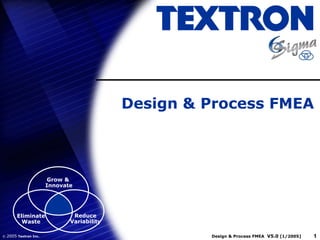 Design & Process FMEA



                         Grow &
                        Innovate




         Eliminate              Reduce
           Waste               Variability

©   2005 Textron Inc.                                 Design & Process FMEA V5.0 [1/2005]   1