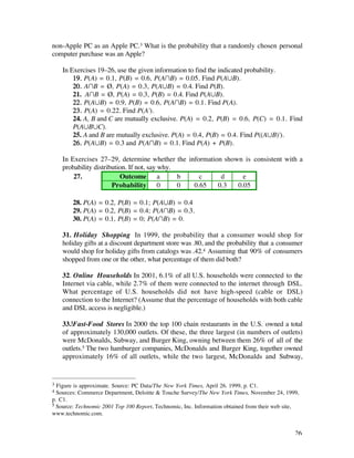 non-Apple PC as an Apple PC.3 What is the probability that a randomly chosen personal
computer purchase was an Apple?

    In Exercises 19–26, use the given information to find the indicated probability.
        19. P(A) = 0.1, P(B) = 0.6, P(AÚB) = 0.05. Find P(AÆB).
        20. AÚB = Ø, P(A) = 0.3, P(AÆB) = 0.4. Find P(B).
        21. AÚB = Ø, P(A) = 0.3, P(B) = 0.4. Find P(AÆB).
        22. P(AÆB) = 0.9, P(B) = 0.6, P(AÚB) = 0.1. Find P(A).
        23. P(A) = 0.22. Find P(A').
        24. A, B and C are mutually exclusive. P(A) = 0.2, P(B) = 0.6, P(C) = 0.1. Find
        P(AÆBÆC).
        25. A and B are mutually exclusive. P(A) = 0.4, P(B) = 0.4. Find P((AÆB)').
        26. P(AÆB) = 0.3 and P(AÚB) = 0.1. Find P(A) + P(B).

    In Exercises 27–29, determine whether the information shown is consistent with a
    probability distribution. If not, say why.
        27.               Outcome a            b   c     d      e
                       Probability 0           0 0.65   0.3   0.05

        28. P(A) = 0.2, P(B) = 0.1; P(AÆB) = 0.4
        29. P(A) = 0.2, P(B) = 0.4; P(AÚB) = 0.3.
        30. P(A) = 0.1, P(B) = 0; P(AÚB) = 0.

    31. Holiday Shopping In 1999, the probability that a consumer would shop for
    holiday gifts at a discount department store was .80, and the probability that a consumer
    would shop for holiday gifts from catalogs was .42.4 Assuming that 90% of consumers
    shopped from one or the other, what percentage of them did both?

    32. Online Households In 2001, 6.1% of all U.S. households were connected to the
    Internet via cable, while 2.7% of them were connected to the internet through DSL.
    What percentage of U.S. households did not have high-speed (cable or DSL)
    connection to the Internet? (Assume that the percentage of households with both cable
    and DSL access is negligible.)

    33. Fast-Food Stores In 2000 the top 100 chain restaurants in the U.S. owned a total
    of approximately 130,000 outlets. Of these, the three largest (in numbers of outlets)
    were McDonalds, Subway, and Burger King, owning between them 26% of all of the
    outlets.5 The two hamburger companies, McDonalds and Burger King, together owned
    approximately 16% of all outlets, while the two largest, McDonalds and Subway,


3 Figure is approximate. Source: PC Data/The New York Times, April 26. 1999, p. C1.
4 Sources: Commerce Department, Deloitte & Touche Survey/The New York Times, November 24, 1999,
p. C1.
5 Source: Technomic 2001 Top 100 Report, Technomic, Inc. Information obtained from their web site,
www.technomic.com.


                                                                                                26
 
