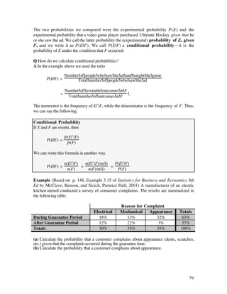 The two probabilities we compared were the experimental probability P(E) and the
experimental probability that a video game player purchased Ultimate Hockey given that he
or she saw the ad. We call the latter probability the (experimental) probability of E, given
F, and we write it as P(E|F). We call P(E|F) a conditional probability—it is the
probability of E under the condition that F occurred.

Q How do we calculate conditional probabilities?
A In the example above we used the ratio

                   Number of people who saw the ad and bought the game
       P(E|F) =          Total number of people who saw the ad

                   Number of favorable outcomes in F
               =    Total number of outcomes in F .

The numerator is the frequency of EÚF, while the denominator is the frequency of F. Thus,
we can say the following.

Conditional Probability
If E and F are events, then

                   fr(EÚF)
       P(E|F) =
                     fr(F)

We can write this formula in another way.

                   n(EÚF)   n(EÚF)/n(S)   P(EÚF)
       P(E|F) =           =             =
                     n(F)     n(F)/n(S)    P(F)

Example (Based on p. 146, Example 3.15 of Statistics for Business and Economics 8th
Ed by McClave, Benson, and Sicich, Prentice Hall, 2001) A manufacturer of an electric
kitchen utensil conducted a survey of consumer complaints. The results are summarized in
the following table:

                                                   Reason for Complaint
                                  Electrical       Mechanical   Appearance         Totals
During Guarantee Period             18%              13%           32%              63%
After Guarantee Period              12%              22%            3%              37%
Totals                              30%              35%           35%             100%

(a) Calculate the probability that a customer complains about appearance (dents, scratches,
etc.) given that the complaint occurred during the guarantee time.
(b) Calculate the probability that a customer complains about appearance.




                                                                                         29
 