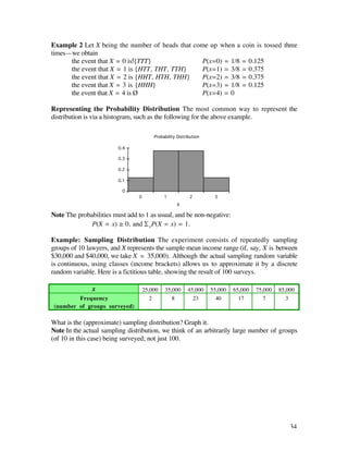 Example 2 Let X being the number of heads that come up when a coin is tossed three
times—we obtain
      the event that X = 0 is {TTT}               P(x=0) = 1/8 = 0.125
      the event that X = 1 is {HTT, THT, TTH}     P(x=1) = 3/8 = 0.375
      the event that X = 2 is {HHT, HTH, THH}     P(x=2) = 3/8 = 0.375
      the event that X = 3 is {HHH}               P(x=3) = 1/8 = 0.125
      the event that X = 4 is Ø                   P(x=4) = 0

Representing the Probability Distribution The most common way to represent the
distribution is via a histogram, such as the following for the above example.

                                        Probability Distribution

                        0.4

                        0.3

                        0.2

                        0.1

                          0
                                0            1            2         3
                                                    X

Note The probabilities must add to 1 as usual, and be non-negative:
              P(X = x) ≥ 0, and £x P(X = x) = 1.

Example: Sampling Distribution The experiment consists of repeatedly sampling
groups of 10 lawyers, and X represents the sample mean income range (if, say, X is between
$30,000 and $40,000, we take X = 35,000). Although the actual sampling random variable
is continuous, using classes (income brackets) allows us to approximate it by a discrete
random variable. Here is a fictitious table, showing the result of 100 surveys.

               x                    25,000   35,000      45,000    55,000   65,000   75,000   85,000
         Frequency                     2        8          23        40       17        7        3
 (number of groups surveyed)

What is the (approximate) sampling distribution? Graph it.
Note In the actual sampling distribution, we think of an arbitrarily large number of groups
(of 10 in this case) being surveyed; not just 100.




                                                                                                  34
 