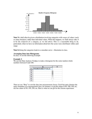 rel. frequency     Realtive Frequency Histogram

                  0.4
                 0.35
                  0.3
                 0.25
                  0.2
                 0.15
                  0.1
                 0.05
                   0
                              25000 35000 45000 55000 65000 75000 85000       X


Note We shall often be given a distribution involving categories with ranges of values (such
as salary brackets), rather than individual values. When this happens, we shall always take X
to be the midpoint of a category, as we did above. This is a reasonable thing to do,
particularly when we have no information about how the scores were distributed within each
range.

Note Refining the categories leads to a smoother curve—illustration in class.

Arranging Data into Histograms
In class, we do the following Example

Example 2
We use the Data Analysis Toolpac to make a histogram for the some random whole
numbers between 0 and 100:




                                                                          :

Then we use “Bins” to sort the data into measurement classes. Each bin entry denotes the
upper boundary of a measurement class; for instance, to get the ranges 0-99, 100–199, etc,
use bin values of 99, 199, 299, etc. Here is what we can get for the current experiment:




                                                                                             6
 