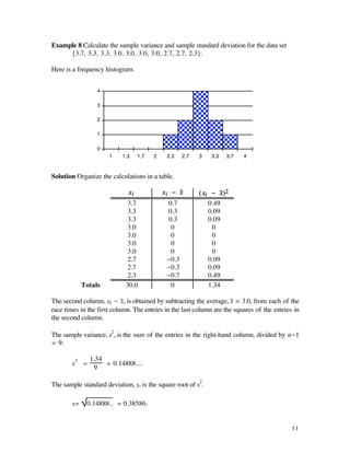 Example 8 Calculate the sample variance and sample standard deviation for the data set
     {3.7, 3.3, 3.3, 3.0, 3.0, 3.0, 3.0, 2.7, 2.7, 2.3}.

Here is a frequency histogram.


                 4

                 3

                 2

                 1

                 0
                      1    1.3    1.7   2    2.3    2.7   3   3.3   3.7   4



Solution Organize the calculations in a table.

                             xi             x i - x–      ( xi - x–)2
                            3.7              0.7              0.49
                            3.3              0.3              0.09
                            3.3              0.3              0.09
                            3.0               0                0
                            3.0               0                0
                            3.0               0                0
                            3.0               0                0
                            2.7              -0.3             0.09
                            2.7              -0.3             0.09
                            2.3              -0.7             0.49
            Totals          30.0              0               1.34

The second column, xi - x–, is obtained by subtracting the average, x– = 3.0, from each of the
race times in the first column. The entries in the last column are the squares of the entries in
the second column.

The sample variance, s2, is the sum of the entries in the right-hand column, divided by n-1
= 9:

              1.34
       s2 =        = 0.14888....
               9

The sample standard deviation, s, is the square root of s2.

       s=    0.14888.. ‡ 0.38586.


                                                                                             11
 