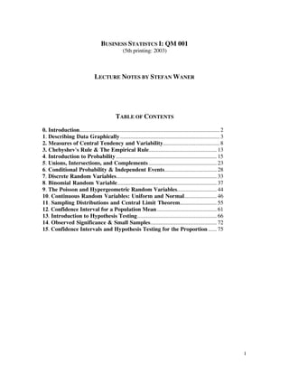 BUSINESS STATISTCS I: QM 001
                                                   (5th printing: 2003)



                                 LECTURE NOTES BY STEFAN WANER




                                              TABLE OF CONTENTS

0. Introduction................................................................................................... 2
1. Describing Data Graphically ...................................................................... 3
2. Measures of Central Tendency and Variability........................................ 8
3. Chebyshev's Rule & The Empirical Rule................................................ 13
4. Introduction to Probability ....................................................................... 15
5. Unions, Intersections, and Complements ................................................ 23
6. Conditional Probability & Independent Events..................................... 28
7. Discrete Random Variables....................................................................... 33
8. Binomial Random Variable...................................................................... 37
9. The Poisson and Hypergeometric Random Variables............................ 44
10. Continuous Random Variables: Uniform and Normal....................... 46
11. Sampling Distributions and Central Limit Theorem.......................... 55
12. Confidence Interval for a Population Mean .......................................... 61
13. Introduction to Hypothesis Testing........................................................ 66
14. Observed Significance & Small Samples............................................... 72
15. Confidence Intervals and Hypothesis Testing for the Proportion ...... 75




                                                                                                                       1
 