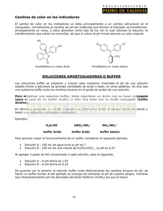Cambios de color en los indicadores
El cambio de color en los indicadores se debe principalmente a un cambio estructural en el
compuesto, normalmente al cambiar de pH las moléculas que forman el indicador se transforman,
principalmente en iones, y estos absorben cierto tipo de luz con lo cual colorean la solución, la
transformación que sufren es reversible, así que al volver al pH inicial retoman su color original.

Fenolftaleína en medio ácido

Fenolftaleína en medio básico

SOLUCIONES AMORTIGUADORAS O BUFFER
Las soluciones buffer se preparan y tuilizan para mantener invariable el pH de una solución
estable frente a adiciones de grandes cantidades de ácido o base, en otras palabras. Se dice que
una sustancia buffer evita los cambios bruscos en el grado de acidez de una solución.
Para sintetizar una solución buffer, debe mezclarse un ácido con su base conjugada
(para el caso de un buffer ácido), o bien una base con su ácido conjugado (buffer
alcalino).
En términos generales, un buffer o tampón se confecciona entre la especie requerida (ácido o
base) y su respectiva contraparte conjugada.
Ejemplos:
H2S/HSbuffer ácido

HNO2/NO2buffer ácido

NH3/NH4+
buffer básico

Para apreciar mejor el funcionamiento de un buffer consideren el siguiente ejemplo,
Solución A : 100 mL de agua pura su pH es 7
Solución B : 100 mL de una mezcla de H2CO3/HCO3-, su pH es 6,37
Al agregar 2 gotas de HCl concentrado a cada solución, pasa lo siguiente,
Solución A : el pH ahora es 1,92
Solución B : el pH ahora es 6,16
De acuerdo con lo anterior la solución buffer evita efectivamente los cambios bruscos de pH, de
hecho un buffer similar al del ejemplo se encarga de mantener el pH de nuestra sangre, mientras
que intracelularmente son los derivados del ácido fosfórico (H3PO4) los que lo hacen.

18

 