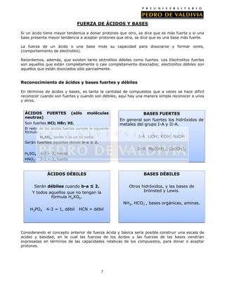 FUERZA DE ÁCIDOS Y BASES
Si un ácido tiene mayor tendencia a donar protones que otro, se dice que es más fuerte y si una
base presenta mayor tendencia a aceptar protones que otra, se dice que es una base más fuerte.
La fuerza de un ácido o una base mide su capacidad para disociarse y formar iones,
(comportamiento de electrolito).
Recordemos, además, que existen tanto elctrolitos débiles como fuertes. Los Electrolitos fuertes
son aquellos que están completamente o casi completamente disociados; electrolitos débiles son
aquellos que están disociados sólo parcialmente.

Reconocimiento de ácidos y bases fuertes y débiles
En términos de ácidos y bases, es tanta la cantidad de compuestos que a veces se hace difícil
reconocer cuando son fuertes y cuando son débiles, aquí hay una manera simple reconocer a unos
y otros.

ÁCIDOS FUERTES
neutras)

(sólo

moléculas

Son fuertes HCl; HBr; HI.
El resto de los ácidos fuertes cumple la siguiente
fórmula:
HaXOb, donde X es un no metal.

BASES FUERTES
En general son fuertes los hidróxidos de
metales del grupo I-A y II-A.
I-A LiOH; KOH; NaOH

Serán fuertes aquellos donde b-a ≥ 2.
H2SO4
HNO3

II-A Mg(OH)2; Ca(OH)2

4-2 = 2, fuerte
3-1 = 2, fuerte

ÁCIDOS DÉBILES

BASES DÉBILES

Serán débiles cuando b-a ≤ 2.

Otros hidróxidos, y las bases de
brönsted y Lewis.

Y todos aquellos que no tengan la
fórmula HaXOb.

NH3, HCO3-, bases orgánicas, aminas.
H3PO4

4-3 = 1, débil

HCN = débil

Considerando el concepto anterior de fuerza ácida y básica sería posible construir una escala de
acidez y basidad, en la cual las fuerzas de los ácidos y las fuerzas de las bases vendrían
expresadas en términos de las capacidades relativas de los compuestos, para donar o aceptar
protones.

7

 