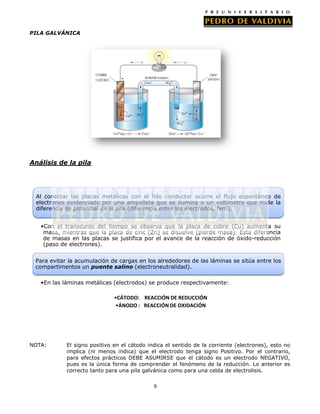 PILA GALVÁNICA

Análisis de la pila

Al conectar las placas metálicas con el hilo conductor ocurre el flujo espontáneo de
electrones evidenciado por una ampolleta que se ilumina o un voltímetro que mide la
diferencia de potencial de la pila (diferencia entre los electrodos, fem).
•Con el transcurso del tiempo se observa que la placa de cobre (Cu) aumenta su
masa, mientras que la placa de cinc (Zn) se disuelve (pierde masa). Esta diferencia
de masas en las placas se justifica por el avance de la reacción de óxido-reducción
(paso de electrones).
Para evitar la acumulación de cargas en los alrededores de las láminas se sitúa entre los
compartimentos un puente salino (electroneutralidad).
•En las láminas metálicas (electrodos) se produce respectivamente:

•CÁTODO: REACCIÓN DE REDUCCIÓN
•ÁNODO : REACCIÓN DE OXIDACIÓN

NOTA:

El signo positivo en el cátodo indica el sentido de la corriente (electrones), esto no
implica (ni menos indica) que el electrodo tenga signo Positivo. Por el contrario,
para efectos prácticos DEBE ASUMIRSE que el cátodo es un electrodo NEGATIVO,
pues es la única forma de comprender el fenómeno de la reducción. Lo anterior es
correcto tanto para una pila galvánica como para una celda de electrolisis.
9

 