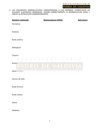 5. LAS SIGUIENTES NOMENCLATURAS CORRESPONDEN A LOS NOMBRES COMERCIALES DE
ALGUNAS SUSTANCIAS ORGÁNICAS. ASIGNE CORRECTAMENTE LA NOMENCLATURA IUPAC Y
DIBUJE LA ESTRUCTURA CORRESPONDIENTE.
Nombre comercial

Nomenclatura IUPAC

Formalina

Acetona

Ácido acético

Etilenglicol

Tolueno

Anilina

Alcohol etílico

Cloruro de etilo

Ácido fórmico

Ácido oxálico

Xileno

Naftalina

7

Estructura

 