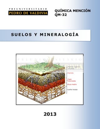 QUÍMICA MENCIÓN
QM-32

SUELOS Y MINERALOGÍA

Materia orgánica
o humus
Mantillo

Capa
intermedia
Roca madre
Lecho rocoso

2013

 