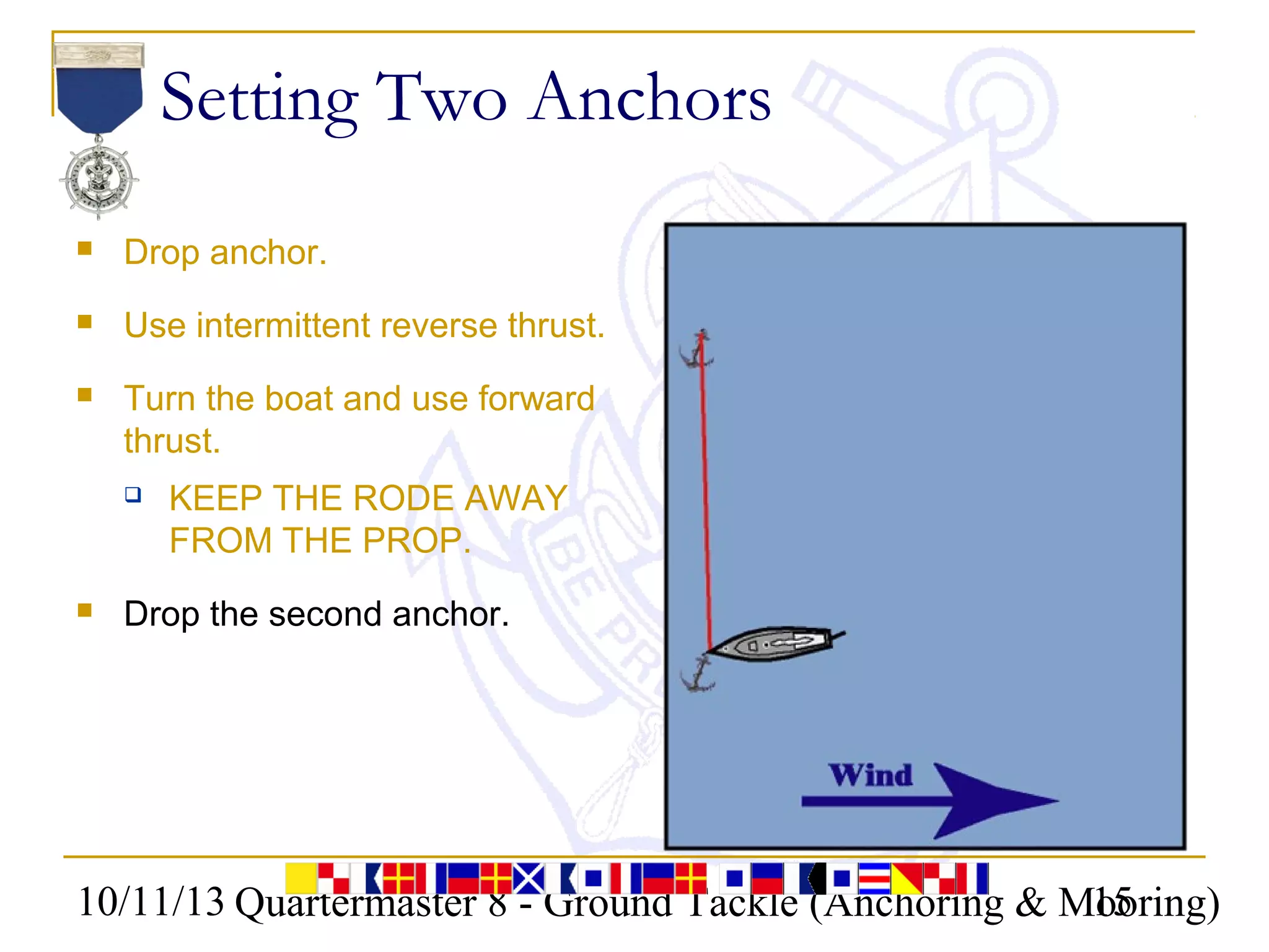 10/11/13 Quartermaster 8 - Ground Tackle (Anchoring & Mooring)15
Setting Two Anchors
 Drop anchor.
 Use intermittent reverse thrust.
 Turn the boat and use forward
thrust.
 KEEP THE RODE AWAY
FROM THE PROP.
 Drop the second anchor.
 