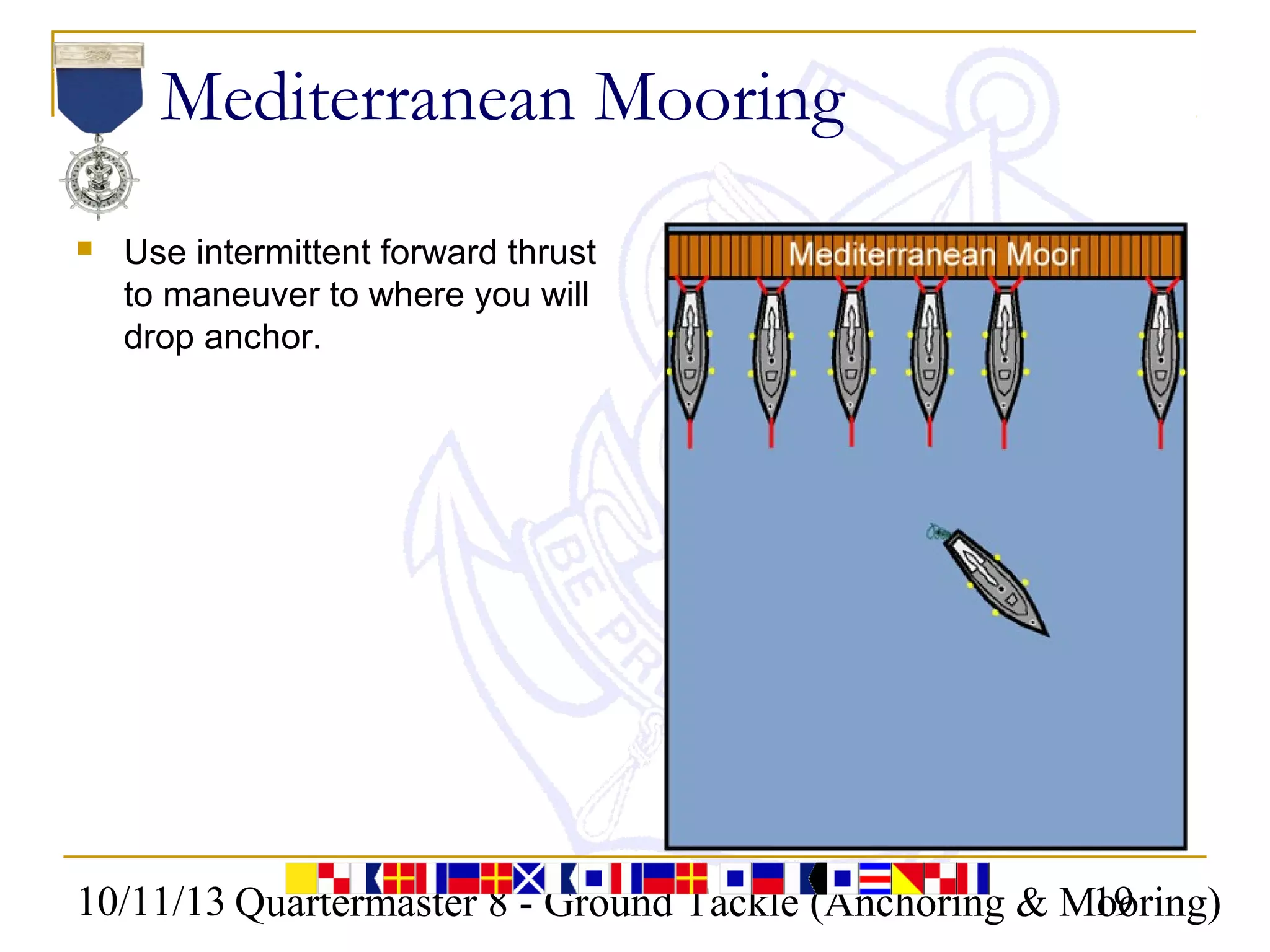 10/11/13 Quartermaster 8 - Ground Tackle (Anchoring & Mooring)19
Mediterranean Mooring
 Use intermittent forward thrust
to maneuver to where you will
drop anchor.
 