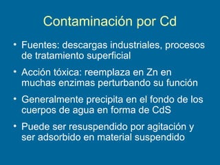 Contaminación por Cd
• Fuentes: descargas industriales, procesos
de tratamiento superficial
• Acción tóxica: reemplaza en Zn en
muchas enzimas perturbando su función
• Generalmente precipita en el fondo de los
cuerpos de agua en forma de CdS
• Puede ser resuspendido por agitación y
ser adsorbido en material suspendido
 
