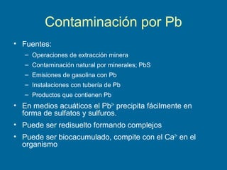 Contaminación por Pb
• Fuentes:
– Operaciones de extracción minera
– Contaminación natural por minerales; PbS
– Emisiones de gasolina con Pb
– Instalaciones con tubería de Pb
– Productos que contienen Pb
• En medios acuáticos el Pb2+
precipita fácilmente en
forma de sulfatos y sulfuros.
• Puede ser redisuelto formando complejos
• Puede ser biocacumulado, compite con el Ca2+
en el
organismo
 