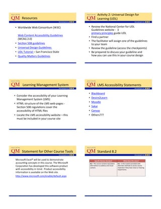 AcKvity'2:'Universal'Design'for'
       Resources'                                                    Learning'(UDL)'

•  Worldwide'Web'ConsorKum'(W3C)'''                    •  Review'the'NaKonal'Center'for'UDL'
                                                          Guidelines'website'_''3'
  '                                                       primary'principles'guide'UDL'
    Web'Content'Accessibility'Guidelines'
                                                       •  Find'a'partner'
    (WCAG'2.0)'
                                                       •  The'facilitator'will'assign'one'of'the'guidelines'
•  SecKon'508'guidelines'                                 to'your'team'
•  Universal'Design'Guidelines''                       •  Review'the'guideline'(access'the'checkpoints)'
•  UDL'Tutorial'–'San'Francisco'State'                 •  Be'prepared'to'discuss'your'guideline'and'
•  Quality'Ma;ers'Guidelines'                             how'you'can'use'this'in'your'course'design'
'




       Learning'Management'System'                                   LMS'Accessibility'Statements'

                                                       •    Blackboard'
•  Consider'the'accessibility'of'your'Learning'
                                                       •    Desire2Learn'
   Management'System'(LMS)'
                                                       •    Moodle'
•  HTML'structure'of'the'LMS'web_pages'_'
   SecKon'508'regulaKons'cover'the'                    •    Sakai'
   accessibility'of'HTML'ﬁles''                        •    Canvas'
•  Locate'the'LMS'accessibility'website'–'this'        •    Others???'
                                                            '''
   must'be'included'in'your'course'site''                   '




       Statement'for'Other'Course'Tools'                             Standard'8.2'

 Microso['Excel®'will'be'used'to'demonstrate'                     Speciﬁc$Review$Standard$              What$does$this$mean?$
 accounKng'concepts'in'this'course.'The'Microso['       8.2:''The'course'contains'equivalent'   8.1:$$Is'the'student'provided'with'
 CorporaKon'has'developed'this'so[ware'product'         alternaKves'to'auditory'and'visual'     alternate'methods'to'access'course'
                                                        content.'                               materials'if'they'have'vision'or'hearing'
 with'accessibility'in'mind.''Product'accessibility'                                            impairments.'
 informaKon'is'available'on'the'Web'site.''
 h;p://www.microso[.com/enable/default.aspx'
 