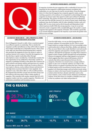 AUDIENCE RESEARCH - GENDER

                                                       Q magazine circulates 80,500 magazines with a readership of 473,000. It is
                                                       important for the magazine to differentiate between circulation and
                                                       readership, as a one copy may be read by several others. From the diagram
                                                       below it is clear that Q magazine has a majority appeal to males, nearly
                                                       reaching 3 quarters as its audience. It is important to acknowledge this as Q
                                                       magazine can choose topics that appeal to males more without it affecting
                                                       their readership. The quarter of women who read Q will not be effected by
                                                       the male style but still take interest in its variety of music topics. Both these
                                                       audiences may also be familiar with Q’s other subsidiary brands, such as Q
                                                       Radio, QTV or even events such as the Q Awards and Glastonbury (with
                                                       which it partners itself). With this strong majority, it may be in my best
                                                       interest to create a magazine with a considerable gap in the market: a music
                                                       magazine that appeals to the majority of females. This would be a good idea
                                                       as no current magazine appeals to the majority or just meets the gender ratio
                                                       with an even coverage.


  AUDIENCE RESEARCH – ABC1 PROFILE & TIME                                      AUDIENCE RESEARCH – AGE RANGE
         ORGANISATION ANALYSIS
                                                                      From the table below, we can see that Q magazine has a
Since Q Magazine’s launch in 1986, it has a consistent appeal         primary audience of young adults (33.3%). This is a good
to an affluent majority in readership. This is vital for the          target market as younger audience are now increasingly using
magazine’s profits and influence as they will be able to expand       social media sites to discuss their likes, dislikes and opinions.
more if their readership has a disposable income. This is clear       They are more likely to then easily distribute word and mouth
in the ABC1 pie chart below demonstrating that a majority             about the magazine and expand to a further unique and new
who purchase the magazine do have the money to spare to               audience. Through this Q magazine can adapt their content to
continue interest in its content. From this the magazine can          appeal to their younger readers through lexis and graphology.
then develop a regular readership either through                      However Q magazine still has a high appeal to 24-34 years
subscriptions or just a monthly buy. I should also consider the       which suggests that their content still sustains a level of
time organisation of my publication. Personally, I prefer if a        maturity that allows open discussion between the two
magazine is published monthly as this allows the content to be        categories. Therefore it is crucial to have younger adults to
more exclusive and feature articles and interviews of a variety.      appear on the cover so that the audience can relate to this
The time span can also allow a build up of events so there is         image and have an appeal to purchase the issue. However this
more topics to discuss, such as album releases and interviews         is based mainly on the conventions of society where it is now
with high status musicians that don’t come regularly. In Q            popular to be featuring younger and cool artists (music artists
magazine’s case, when their ABC1 as well as C2DE purchase             feature to relate to the music brand). Exceptions to this would
the magazine they feel they can get more for their money and          include artists that have already made their mark on the
feel content at the time span to allow a better quality of            music industry, such as John Lennon, Madonna and Michael
magazine. This coincides with another statistic that 97% of Q         Jackson. From this I know to consider a relatable cover icon
magazine readers rate Q as a quality magazine. Therefore out          so that my audience can relate and purchase it.
performing competitors and increasing success.
 