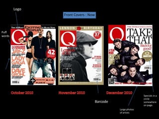 Front Covers : NowLogoPuff words.Adver-tising artists names in large lettersOctober 2010		November 2010		December 2010Specials in a circle somewhere on page.BarcodeLarge photos of artists.