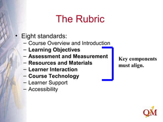 The Rubric
• Eight standards:
– Course Overview and Introduction
– Learning Objectives
– Assessment and Measurement
– Resources and Materials
– Learner Interaction
– Course Technology
– Learner Support
– Accessibility
Key components
must align.
 