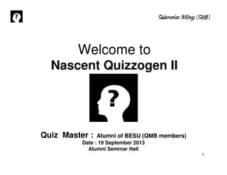 Quizmaniac BEings (QMB)
1
Welcome to
Nascent Quizzogen II
Quiz Master : Alumni of BESU (QMB members)
Date : 19 September 2013
Alumni Seminar Hall
 