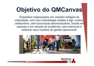 www.projetoseti.com.br
Empoderar organizações em variados estágios de
maturidade, com uma metodologia simples e ágil, criativa,
colaborativa, sem burocracias desnecessárias, focada em
pessoas e em solução de problemas, para estruturar e
melhorar seus modelos de gestão operacional.
Objetivo do QMCanvas
 