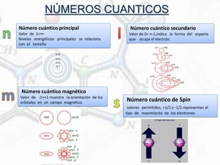 Número cuántico principal
Valor de 1>∞
Niveles energéticos principales se relaciona
con el tamaño
Número cuántico secundario
Valor de 0> n-1,indica la forma del espacio
que ocupa el electrón
Número cuántico magnético
Valor de -1>+1 muestra la orientación de los
orbitales en un campo magnético
Número cuántico de Spin
valores permitidos, +1/2 y -1/2 representan el
tipo de movimiento de los electrones
NÚMEROS CUANTICOS
 