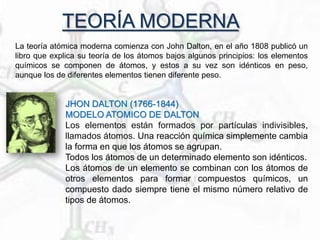 TEORÍA MODERNA
La teoría atómica moderna comienza con John Dalton, en el año 1808 publicó un
libro que explica su teoría de los átomos bajos algunos principios: los elementos
químicos se componen de átomos, y estos a su vez son idénticos en peso,
aunque los de diferentes elementos tienen diferente peso.
JHON DALTON (1766-1844)
MODELO ATOMICO DE DALTON
Los elementos están formados por partículas indivisibles,
llamados átomos. Una reacción química simplemente cambia
la forma en que los átomos se agrupan.
Todos los átomos de un determinado elemento son idénticos.
Los átomos de un elemento se combinan con los átomos de
otros elementos para formar compuestos químicos, un
compuesto dado siempre tiene el mismo número relativo de
tipos de átomos.
 