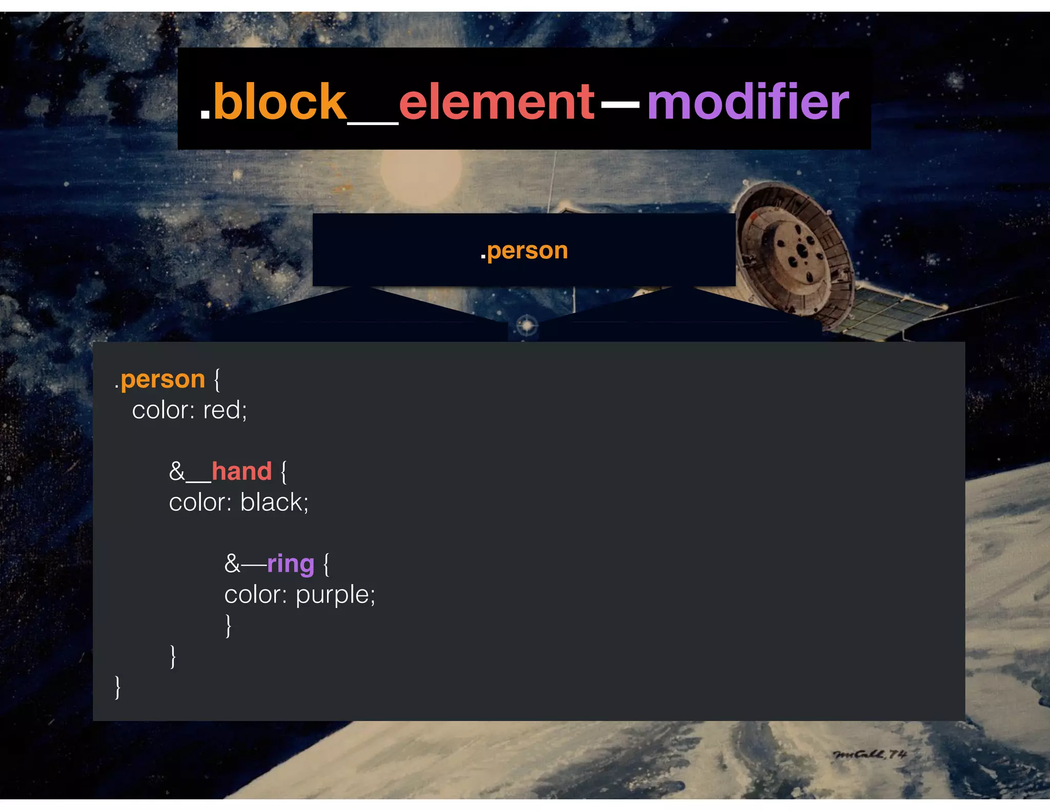 .block__element—modiﬁer
.person
.person__hand .person__foot
.person
.person—female__hand .person—female__foot
.person {
color: red;
&__hand {
color: black;
&—ring { 
color: purple; 
}
}
}
 