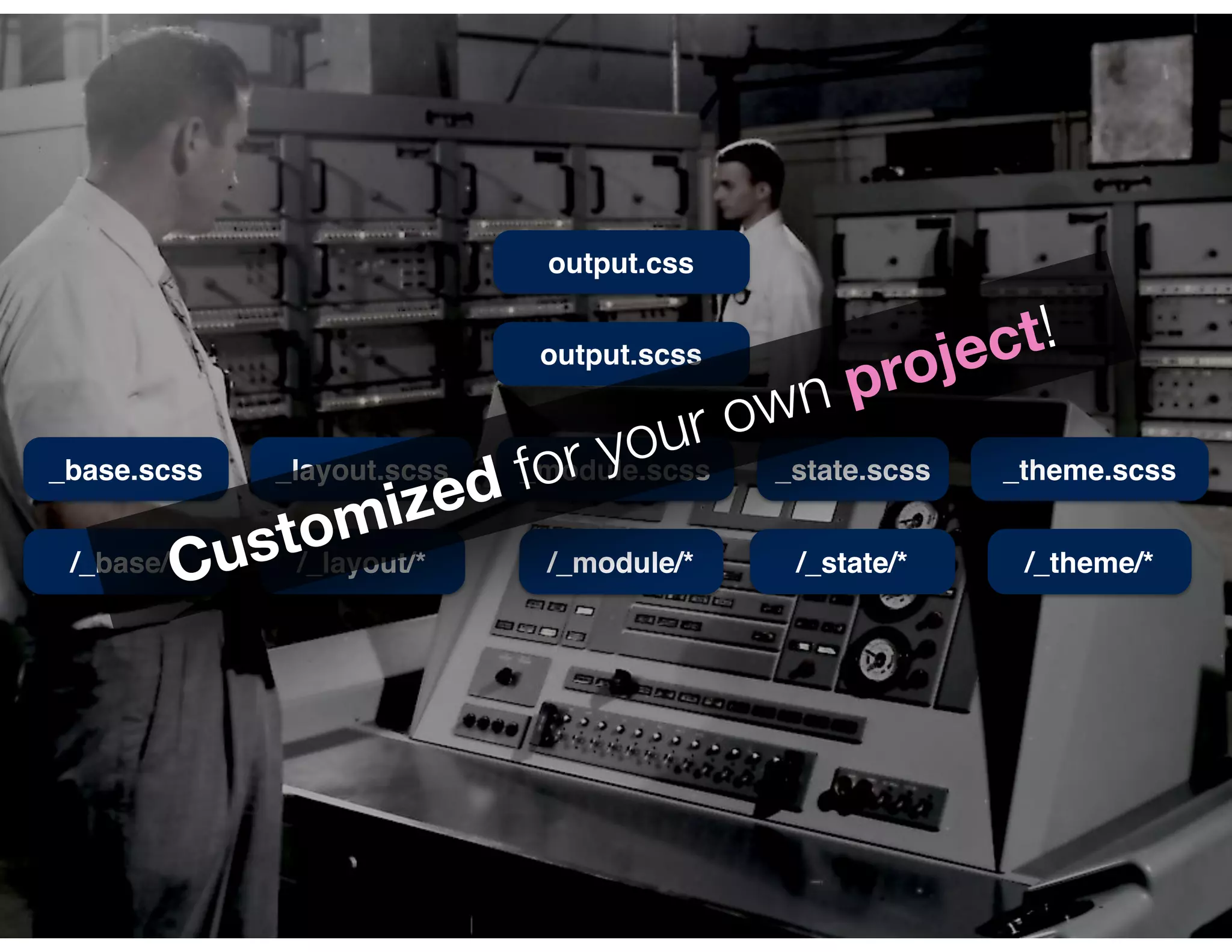 output.css
output.scss
_base.scss _layout.scss _module.scss _state.scss _theme.scss
/_base/* /_layout/* /_module/* /_state/* /_theme/*Customized for your own project!
 