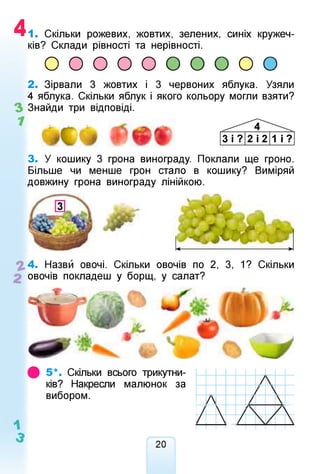 4 і . Скільки рожевих, жовтих, зелених, синіх кружеч­
ків? Склади рівності та нерівності.
о о о о о о о о о о
з
7
2. Зірвали 3 жовтих і 3 червоних яблука. Узяли
4 яблука. Скільки яблук і якого кольору могли взяти?
Знайди три відповіді.
З і? 2 І2 1 і?
3. У кошику 3 грона винограду. Поклали ще гроно.
Більше чи менше грон стало в кошику? Виміряй
довжину грона винограду лінійкою.
^ 4 . Назви овочі. Скільки овочів по 2, 3, 1? Скільки
овочів покладеш у борщ, у салат?
ф 5 *. Скільки всього трикутни­
ків? Накресли малюнок за
вибором.
1
а
20
 