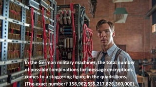 In the German military machines, the total number
of possible combinations for message encryptions
comes to a staggering figure in the quadrillions.
(The exact number? 158,962,555,217,826,360,000).
 