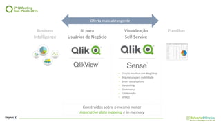 Business
Intelligence
PlanilhasBI para
Usuários de Negócio
Visualização
Self-Service
• Criação intuitiva com drag/drop
• Arquitetura para mobilidade
• Smart visualizations
• Storytelling
• Governança
• Colaboração
• HTML5
Construidos sobre o mesmo motor
Associative data indexing e in-memory
Oferta mais abrangente
 