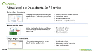 Visualização e Descoberta Self-Service
• Interface de usuário limpa e moderna
• Global Smart Search
• A Experiencia Associativa
• Exploração e navegação avançada
Exploração e Descoberta
Visualização de Dados
Criação dirigida pelo usuário
Faça perguntas e explore a informação
para entender o que está acontecendo
e porque
Utilize visualizações de alta qualidade e
sumarizações para revelar informação
significativa
Construa novas visualizações através
do self-service rapidamente
• Diversidade de gráficos
• Interatividade Visual
• Smart Visualizations
• Criação Drag & Drop
• Biblioteca e Criação “Progressiva”
• Carga rápida de dados
 