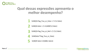 Qual dessas expressões apresenta o
melhor desempenho?
SUM({$<Flag_True_or_False = {'-1'}>} Valor)
SUM({$<Flag_True_or_Null = {'-1'}>} Valor)
SUM({$<Valor = {'<=0,6000'}>} Valor)
SUM(if( Valor<=0.6000, Valor))
SUM(Valor*Flag_True_or_False)
1
2
3
4
5
 