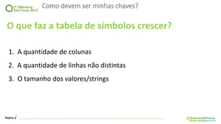 Como devem ser minhas chaves?
O que faz a tabela de símbolos crescer?
1. A quantidade de colunas
2. A quantidade de linhas não distintas
3. O tamanho dos valores/strings
 