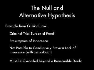 The Null and
Alternative Hypothesis
Criminal Trial Burden of Proof
Example from Criminal Law:
Must Be Overruled Beyond a Reasonable Doubt
Presumption of Innocence
Not Possible to Conclusively Prove a Lack of
Innocence (with zero doubt)
 