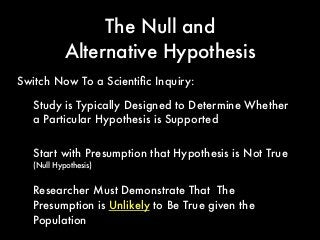 The Null and
Alternative Hypothesis
Study is Typically Designed to Determine Whether
a Particular Hypothesis is Supported
Switch Now To a Scientiﬁc Inquiry:
Start with Presumption that Hypothesis is Not True
(Null Hypothesis)
Researcher Must Demonstrate That The
Presumption is Unlikely to Be True given the
Population
 