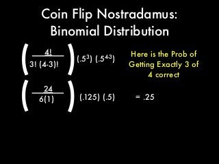 4!
Coin Flip Nostradamus:
Binomial Distribution
(3! (4-3)! )(.53
) (.54-3
)
(.125) (.5)
24
( 6(1)
) = .25
Here is the Prob of
Getting Exactly 3 of
4 correct
 
