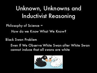 Unknown, Unknowns and
Inductivist Reasoning
Philosophy of Science =
How do we Know What We Know?
Black Swan Problem
Even If We Observe White Swan after White Swan
cannot induce that all swans are white
 