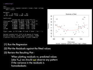 (1) Run the Regression
(2) Plot the Residuals against the ﬁtted values
(3) Review the Resulting Plot -
When plotting residuals vs. predicted values
(aka Yhat) we should not observe any pattern
if the variance in the residuals is
homoskedastic
 