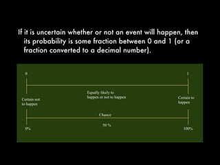 Probability is a measure of how likely it is for an event to
happen.
We name a probability with a number from 0 to 1.
If an event is certain to happen, then the probability of the
event is 1 and certain not to happen, then the probability of
the event is 0.
Coin Flip with a Fair Coin
P(H) = .5
P(T) = .5
Basic Probability
 
