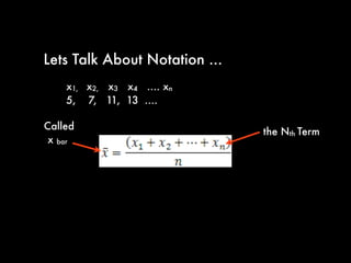 Sum of Series of Numbers
Total # of Numbers in the Series
_____________________________________________________________________________
Mean =
 
