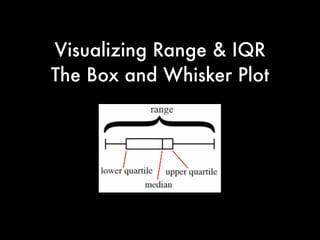 Range &
Interquartile Range
The interquartile range (IQR) is a measure of
variability, based on dividing a data set into
quartiles
The interquartile range is equal to Q3 minus Q1
Example:
0, 10, 20, 30, 40, 50, 50, 60, 70, 80, 90, 100
 