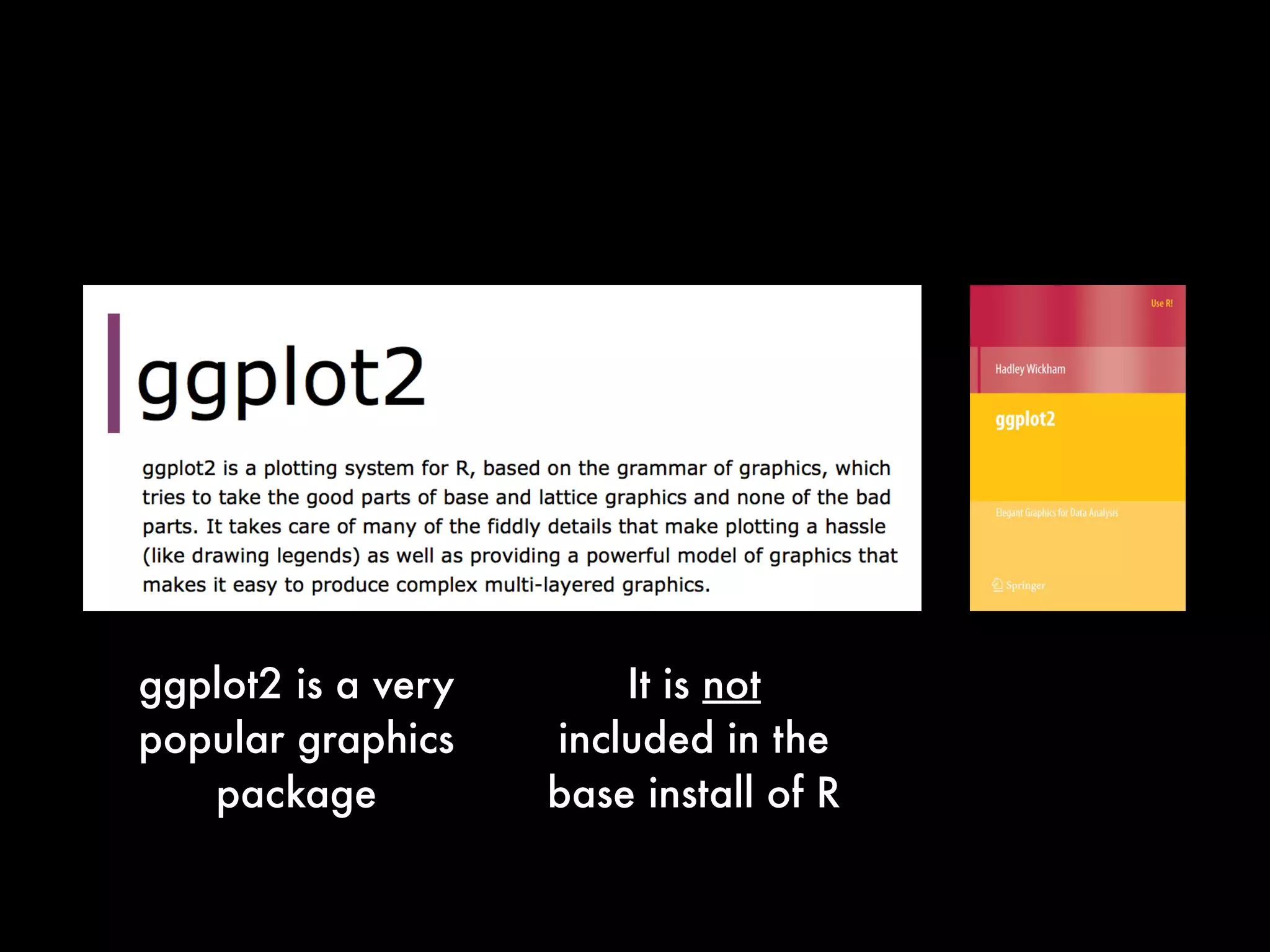 ggplot2 is a very
popular graphics
package
It is not
included in the
base install of R
 