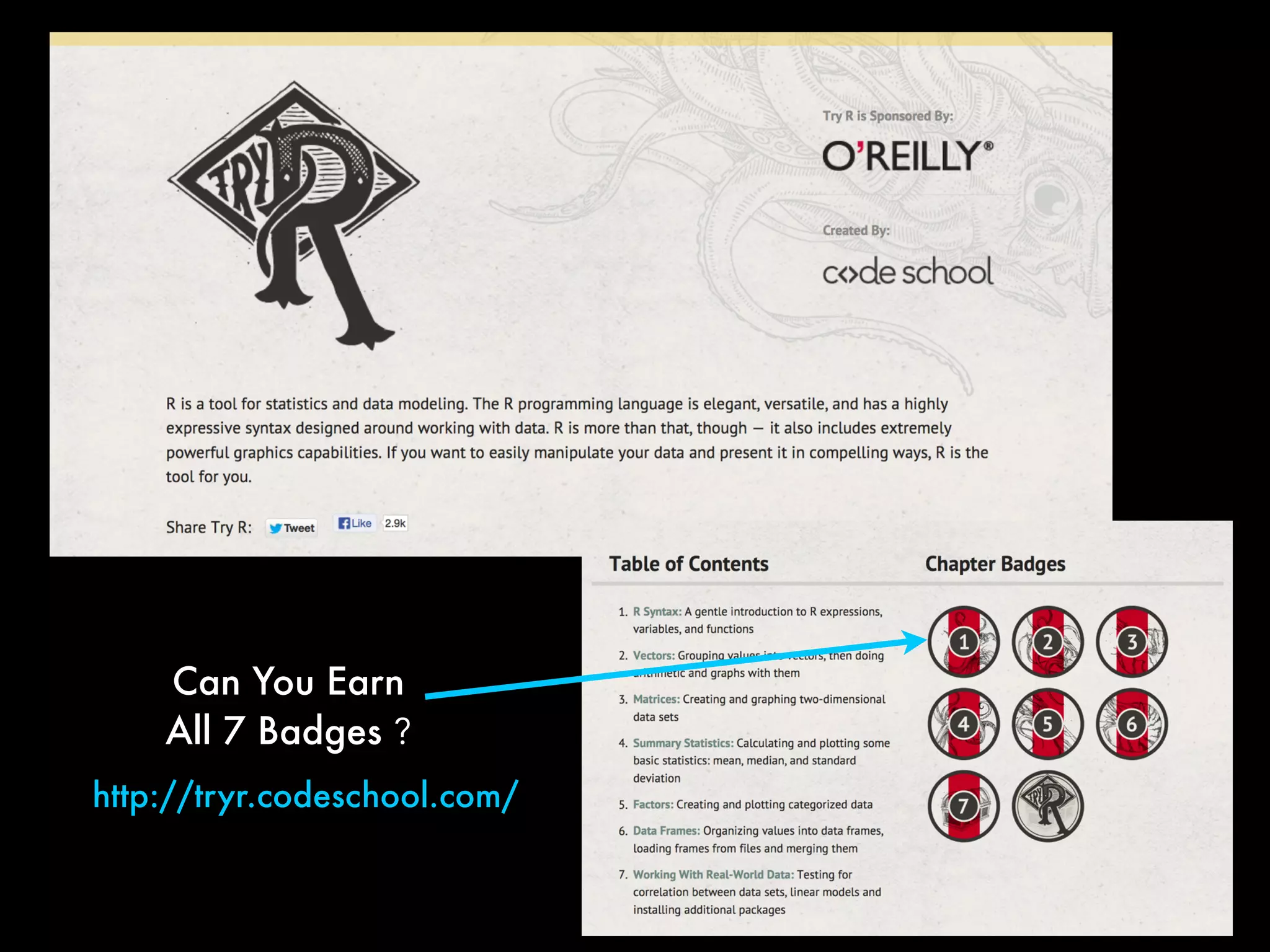 Can You Earn
All 7 Badges ?
http://tryr.codeschool.com/
 