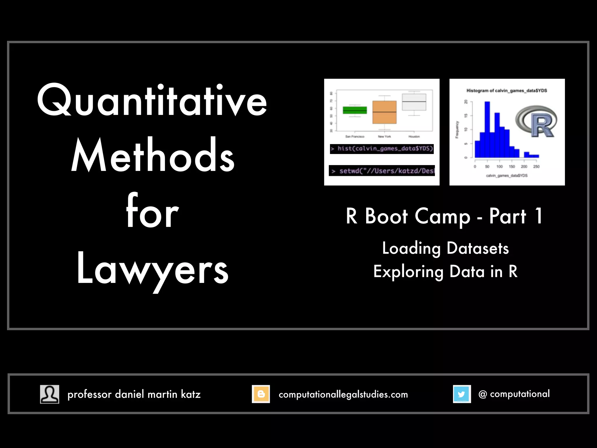 Quantitative
Methods
for
Lawyers Exploring Data in R
Loading Datasets
R Boot Camp - Part 1
Class #14
@ computational
computationallegalstudies.com
professor daniel martin katz danielmartinkatz.com
lexpredict.com slideshare.net/DanielKatz
 