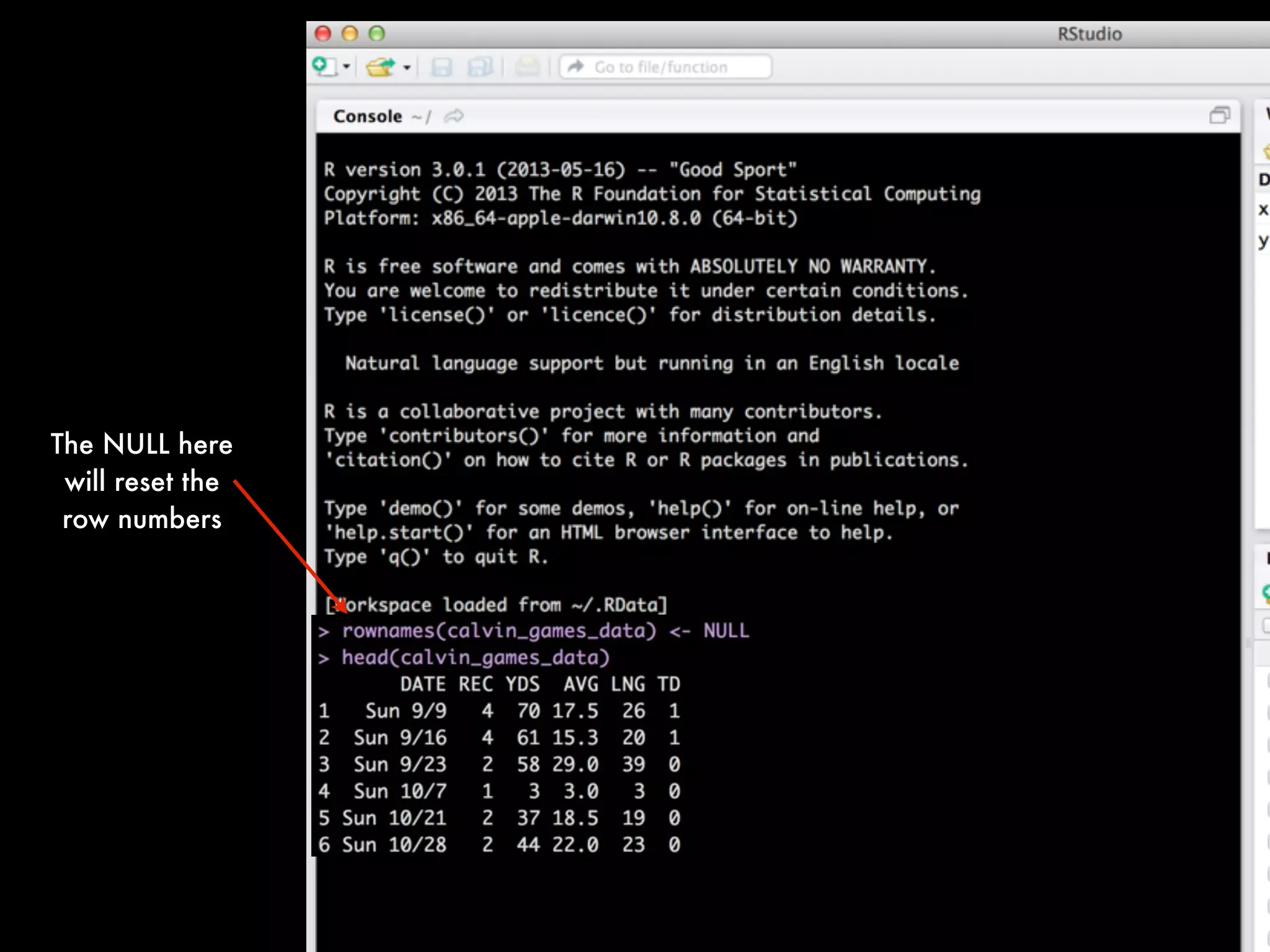 This is Calvin Johnson of the Detroit Lions
It is located on this website:
http://s3.amazonaws.com/
KatzCloud/Calvin_Test_Data.csv
Note the ﬁle extension of .csv
As you
learned
while
getting
your 7
badges
We Will Need to Assign The
Dataset a Name Once We
Load it into R
 